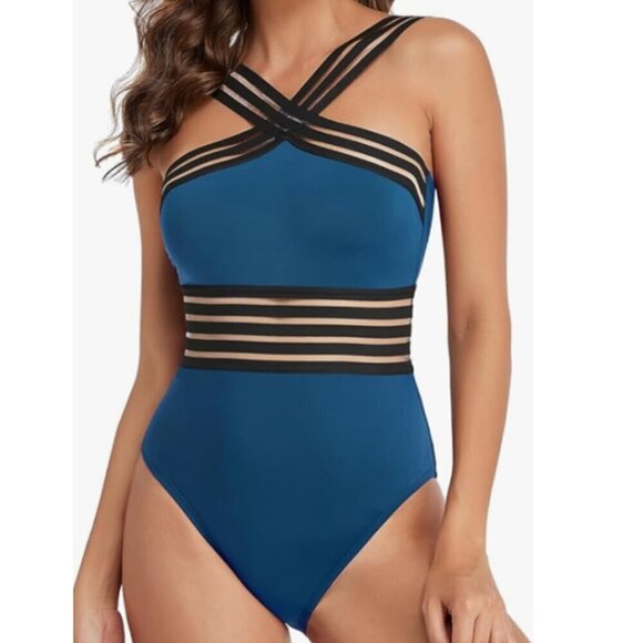 Other - Hilor Women's One Piece Swimwear Front Crossover, Blue/Black, Size 4-6